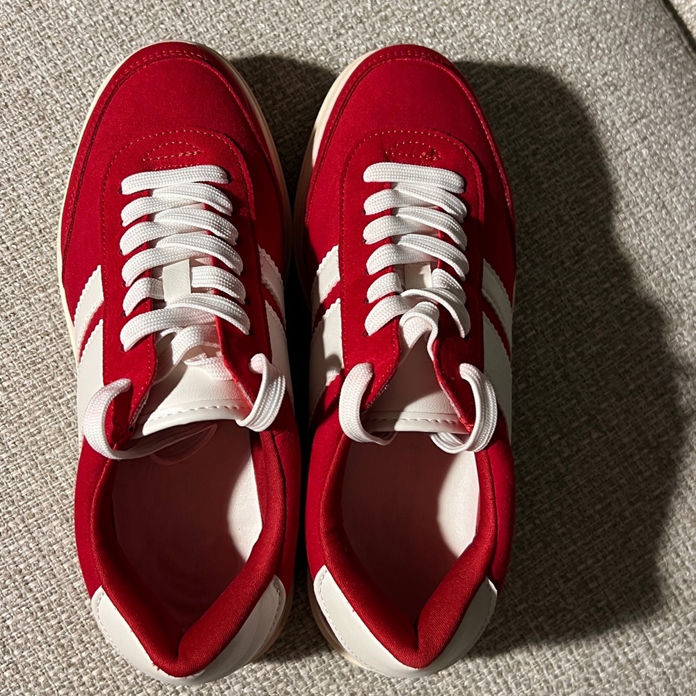 Vibrant Red and White Athletic Shoes by Madden Girl